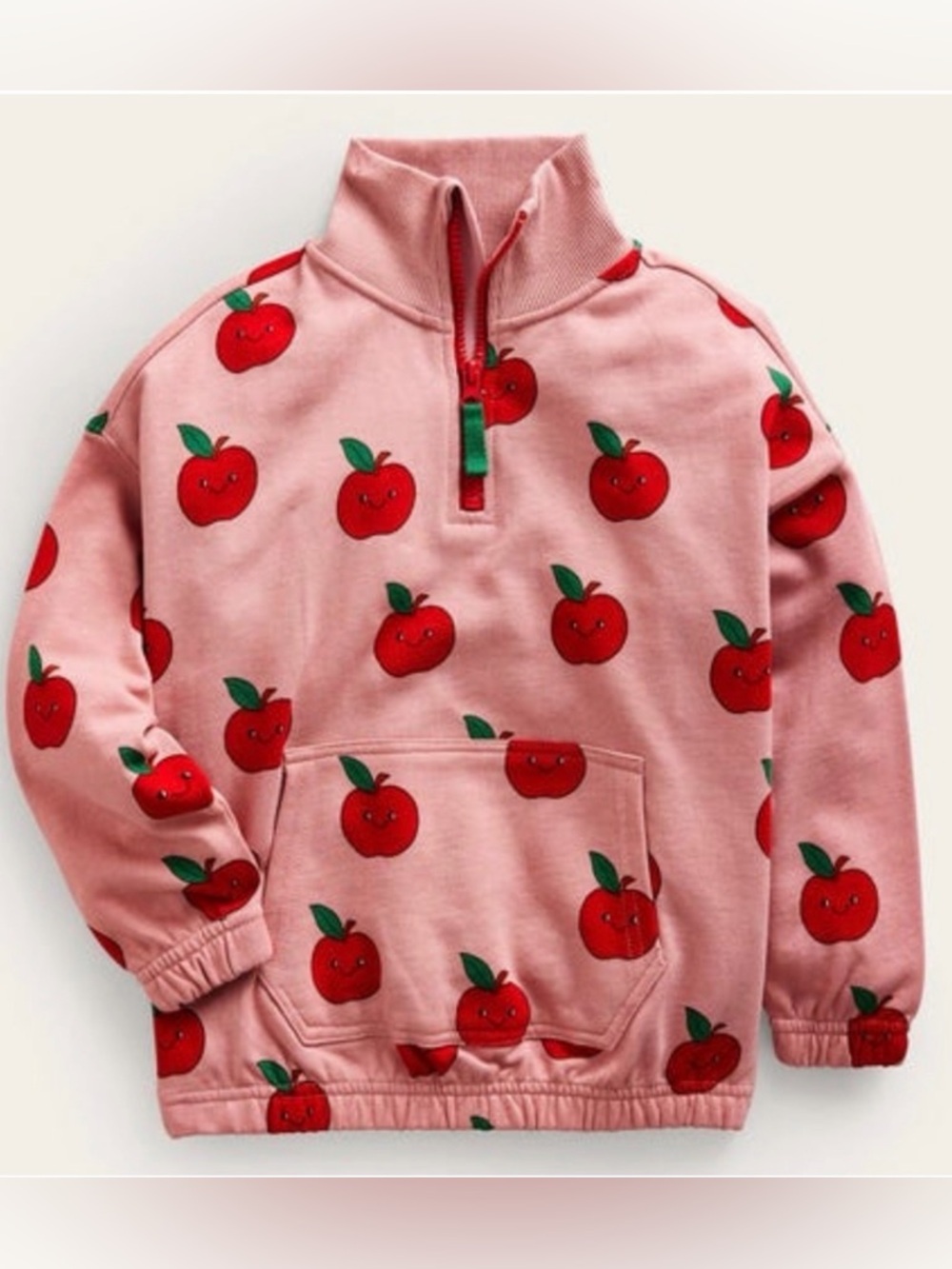 Mini Boden Pink Apple Print Half-Zip Sweatshirt Size 3-4Y